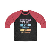 Load image into Gallery viewer, Humanity Jesus Love Baseball Tee - Adventist Apparel
